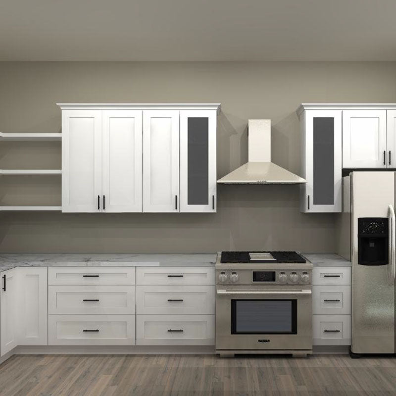 LessCare Alpina White 123 by 187 in. L Shaped Kitchen with Island and 36 in. Double Sink