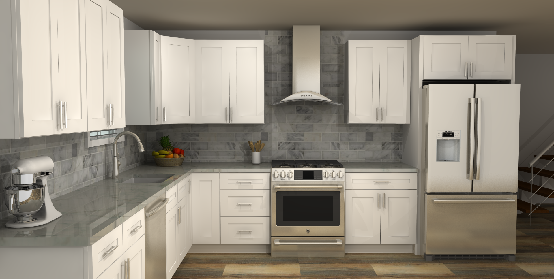LessCare Alpina White 11 x 13 L Shaped Kitchen Side Layout Photo