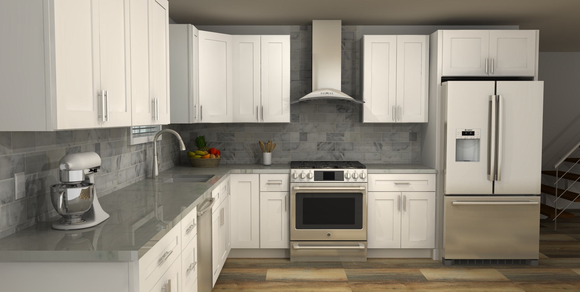 LessCare Alpina White 12 x 12 L Shaped Kitchen Side Layout Photo