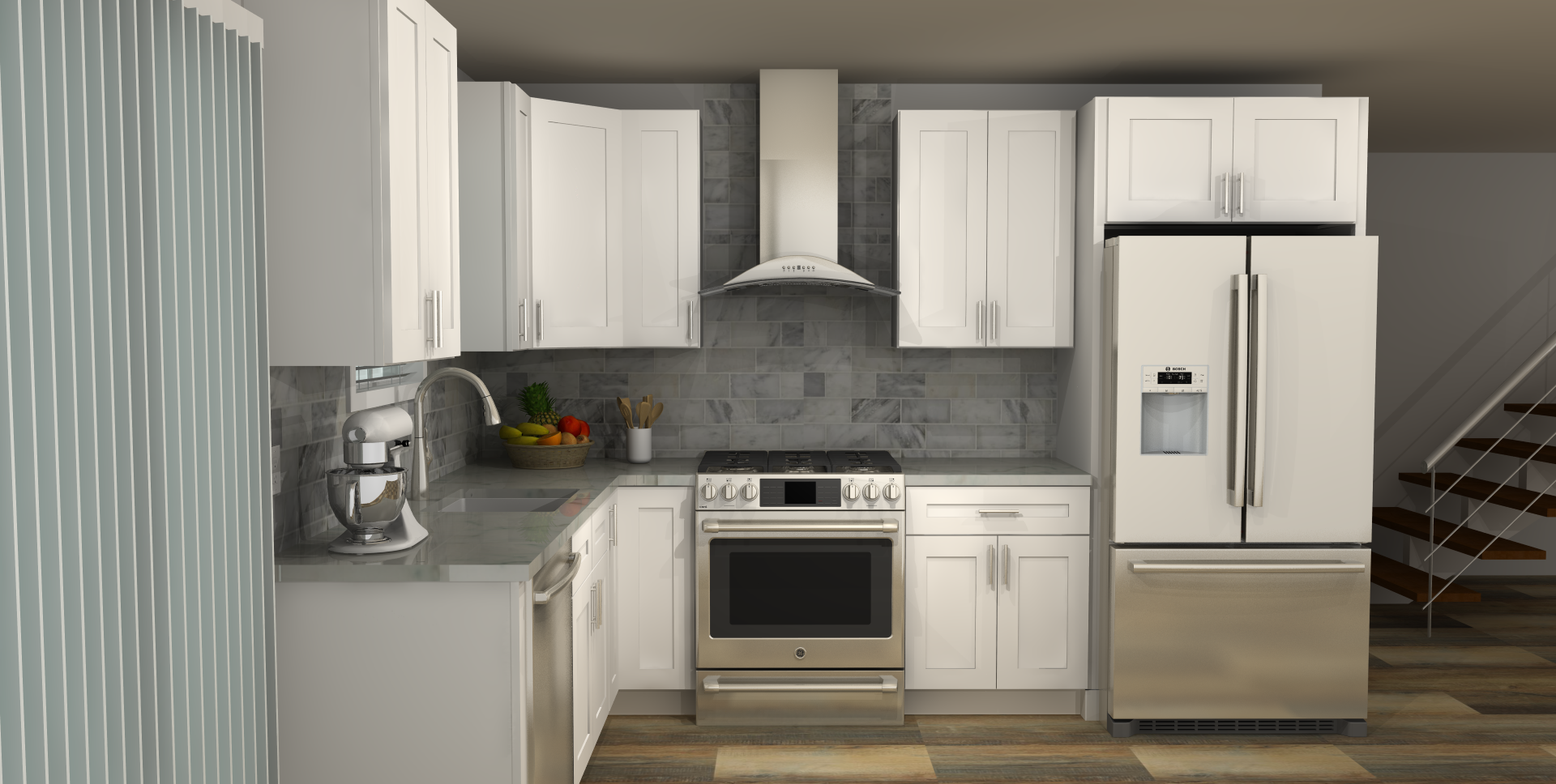 LessCare Alpina White 8 x 11 L Shaped Kitchen Side Layout Photo