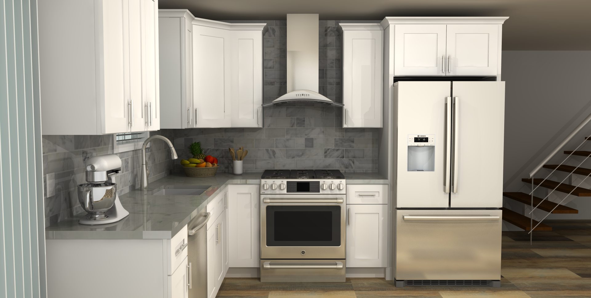 LessCare Alpina White 9 x 10 L Shaped Kitchen Side Layout Photo