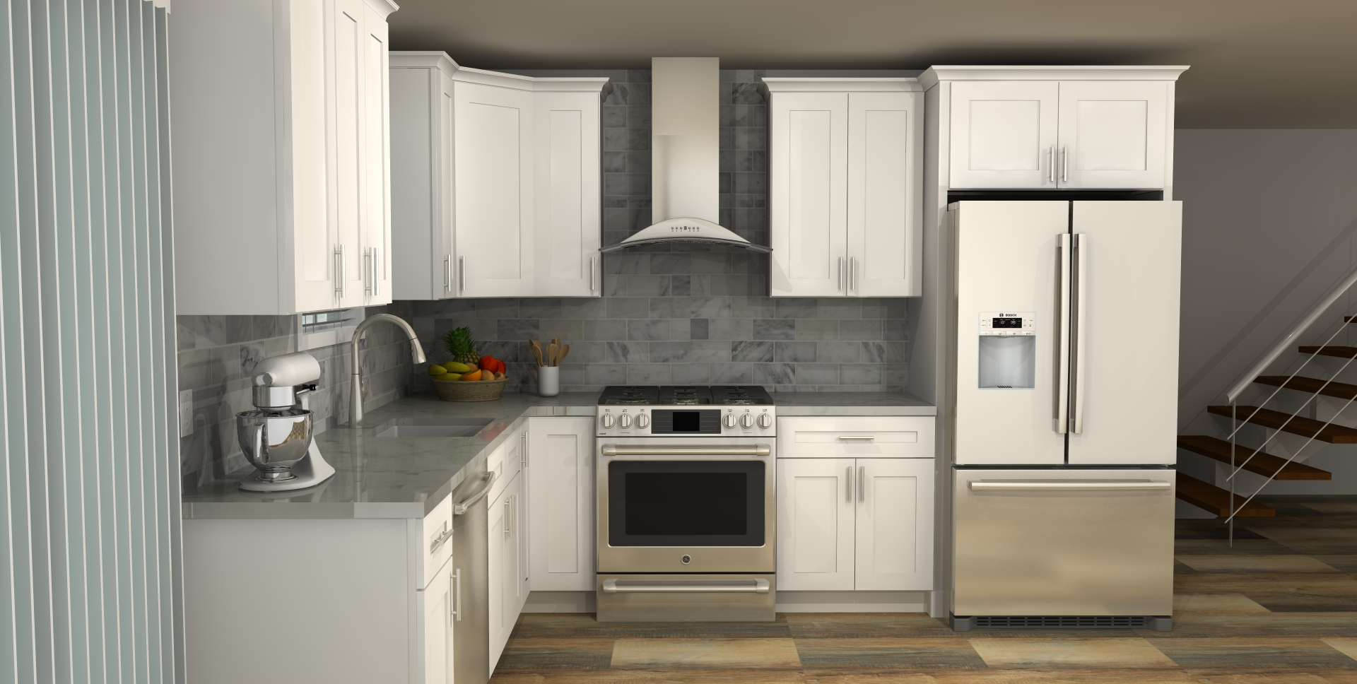 LessCare Alpina White 9 x 11 L Shaped Kitchen Side Layout Photo